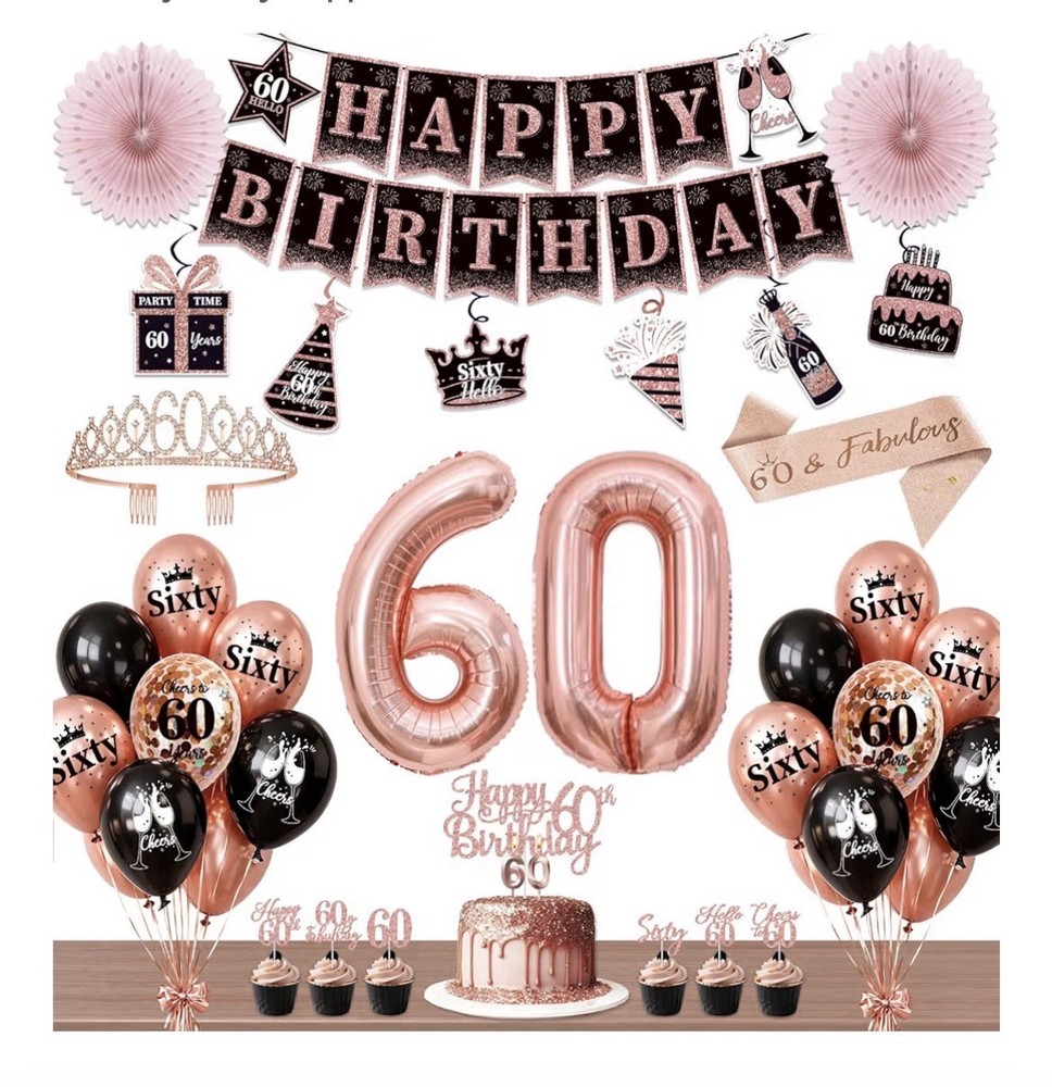 NEW Women’s 60th Birthday Party Kit Decorations Tiara Balloons Banner Rose Gold