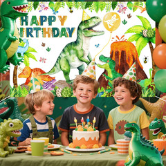 Dinosaur Birthday Backdrop Banner Roar Dino Happy Birthday Jungle Leaves T-Rex D