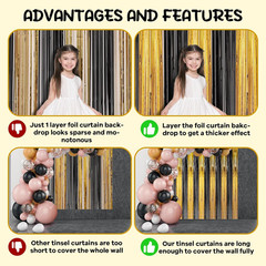 4 Pack Black and Gold Foil Fringe Backdrop Curtains, Tinsel Streamers Birthday P