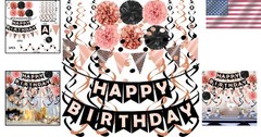 Complete Rose Gold & Black Birthday Party Set with Swirls and Honeycomb Balls