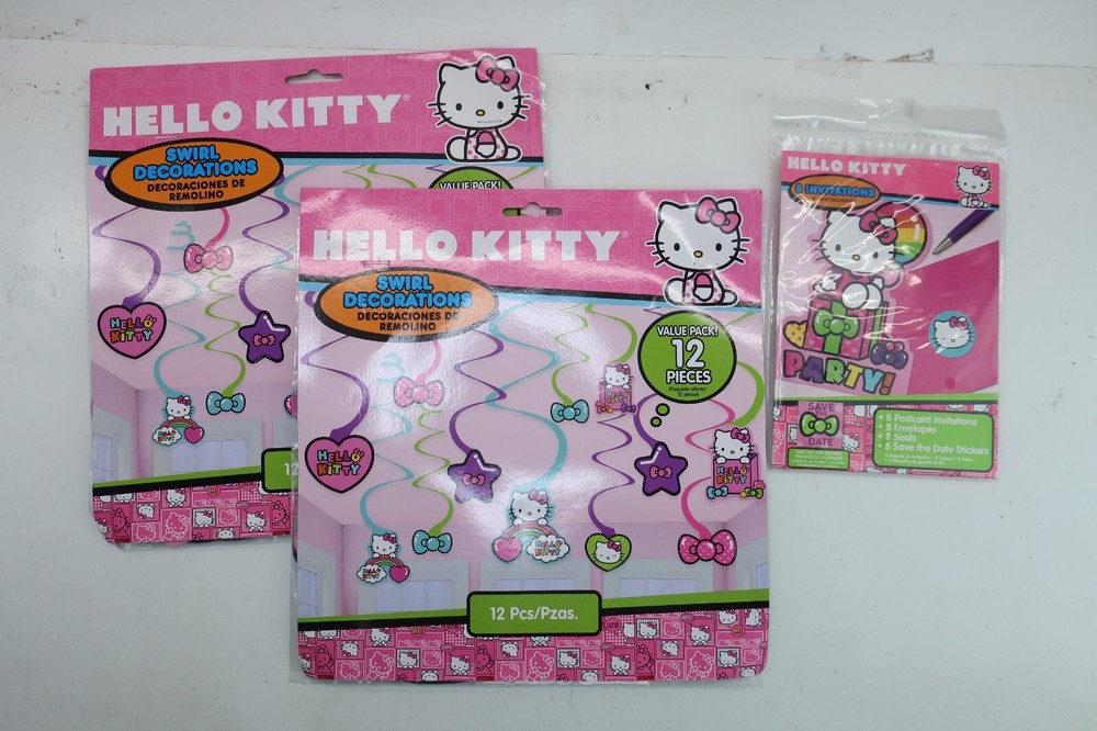 Hello Kitty Birthday Party Decoration 2 x 12 Piece Swirl & 8 Pack Invitation Set