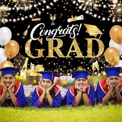 Graduation Banner Black Gold Large 72.8×43.3 Inch Congrats Grad Party Backdrop