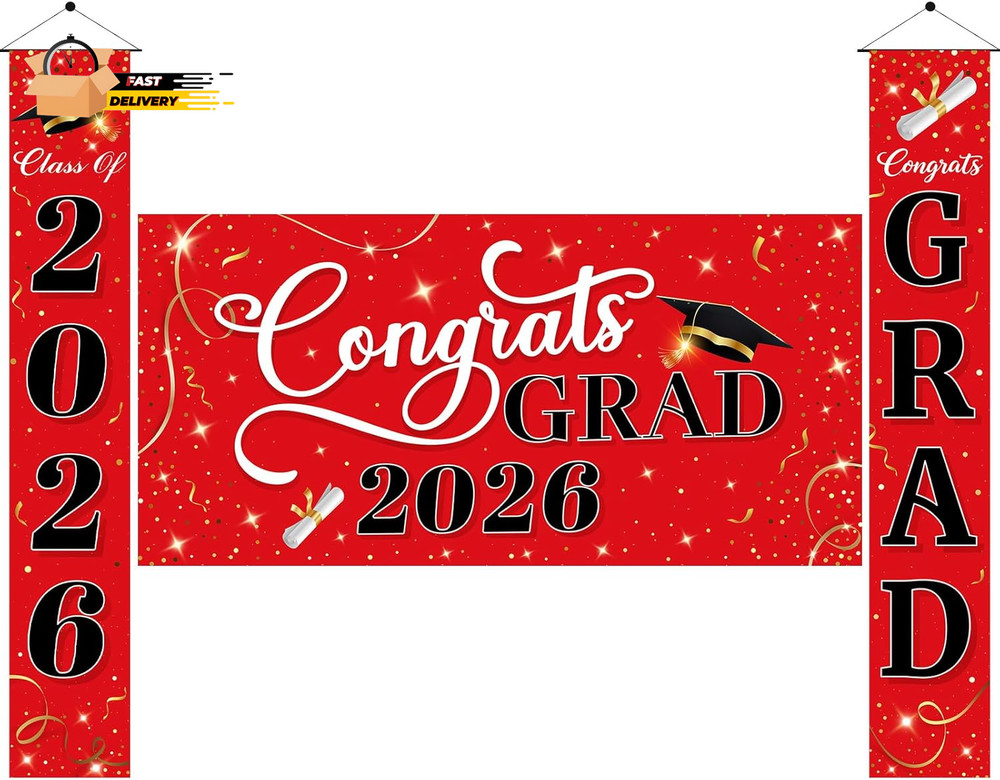 3 Pcs Graduation Decorations Class of 2026, Large Graduation Banners Set, Red &