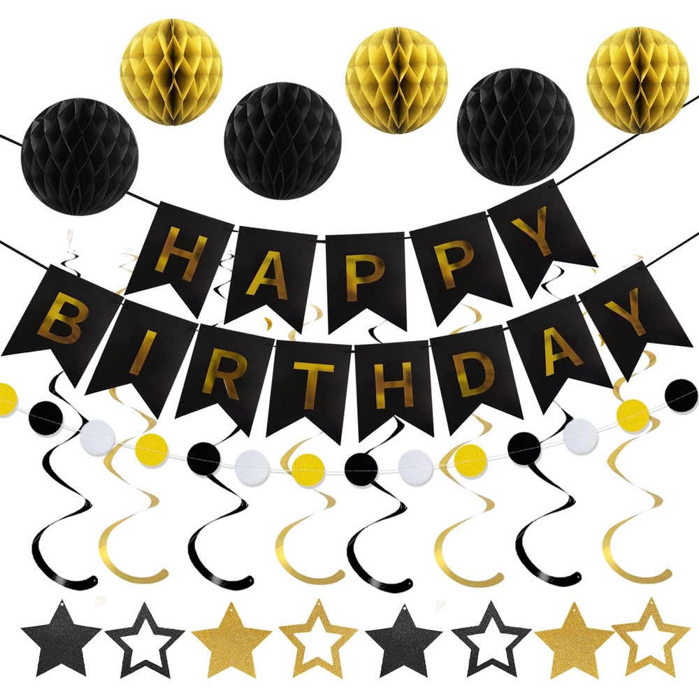Birthday Banner Decorations with Honeycomb Balls, Stars, Circle Dots Garland …