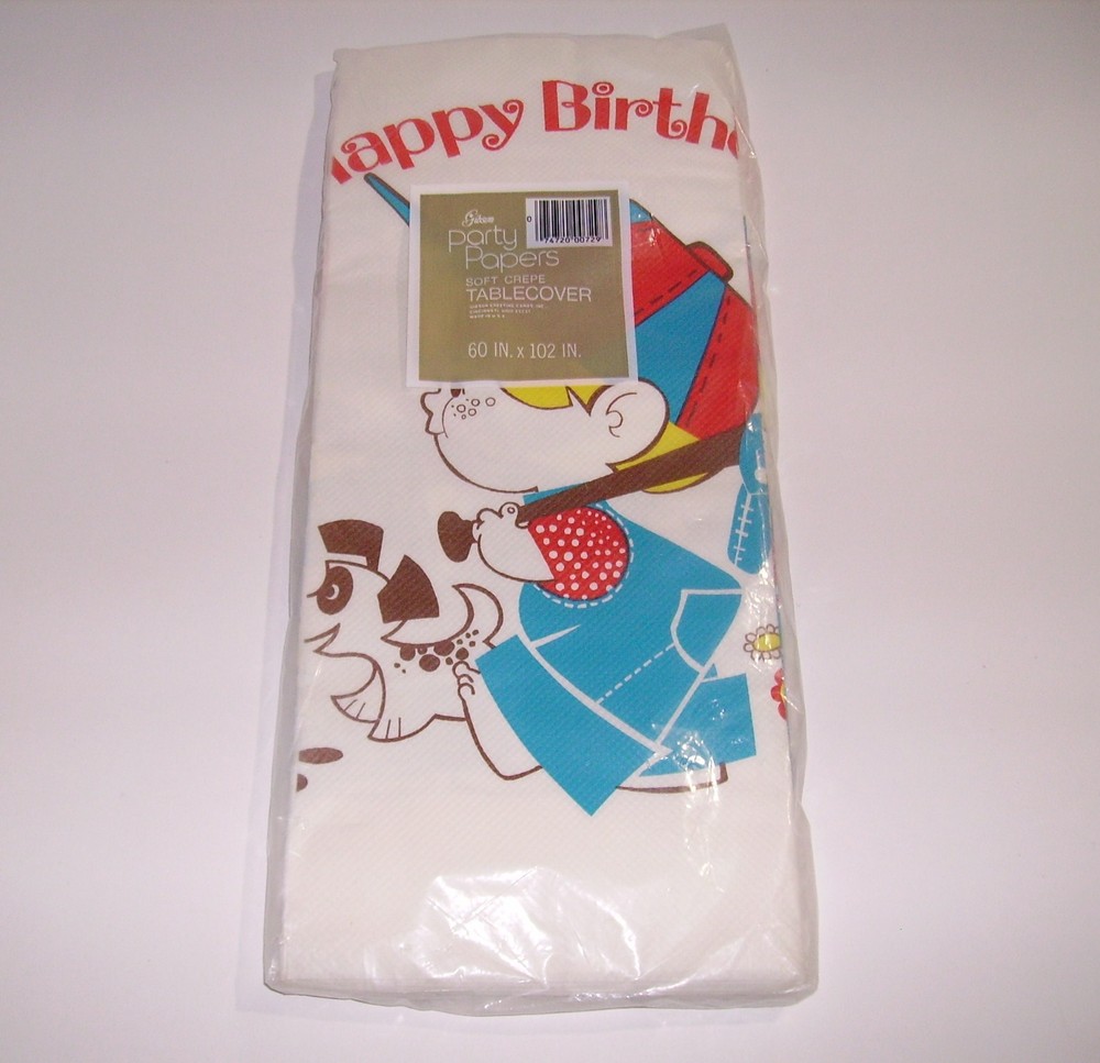 Vintage MID CENTURY Happy Birthday Party Paper Tablecloth, Boy Baseball Puppy