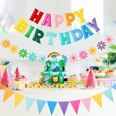 Colorful Happy Birthday Decorations – Pre-Strung 3D Felt Banner, Flower Garland
