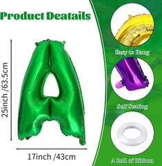 9Pcs Letter Balloons – 32 Inch Large Foil Balloons in Flash Purple, Green & Gold