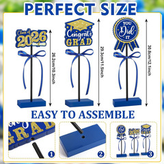 2026 Graduation Table Decorations Wooden Sign, 3Pcs Blue and Gold Graduation Tie