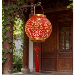 Solar For Red Lantern Iron Hanging Light Outdoor Festive Garden Decoration New