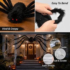 Halloween Giant Plush Spider Decoration Scary Black Hairy Spider Prop 30-200cm