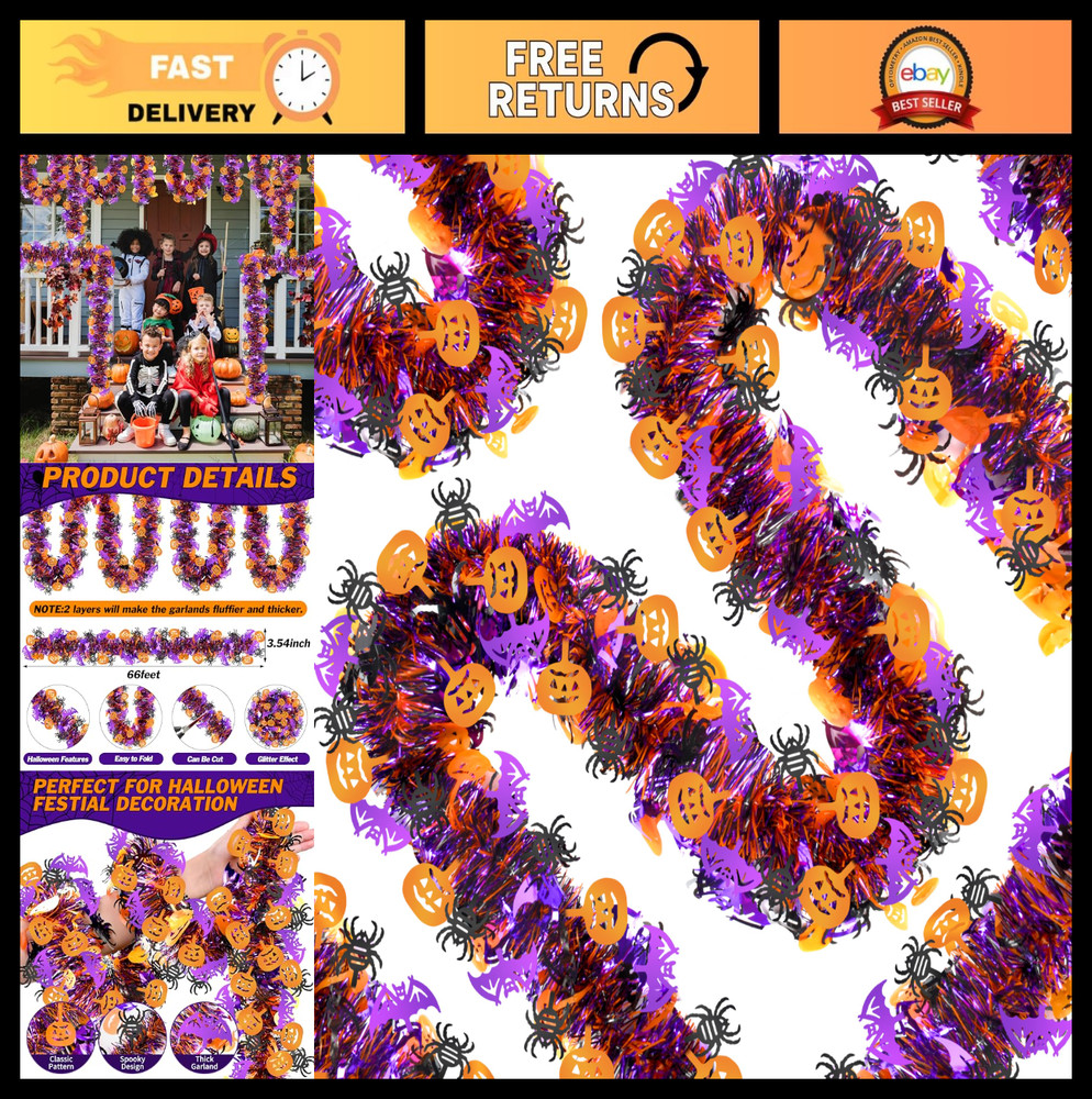 66 Ft Halloween Tinsel Garland – Purple Black Orange Glitter Streamers, Pumpkins