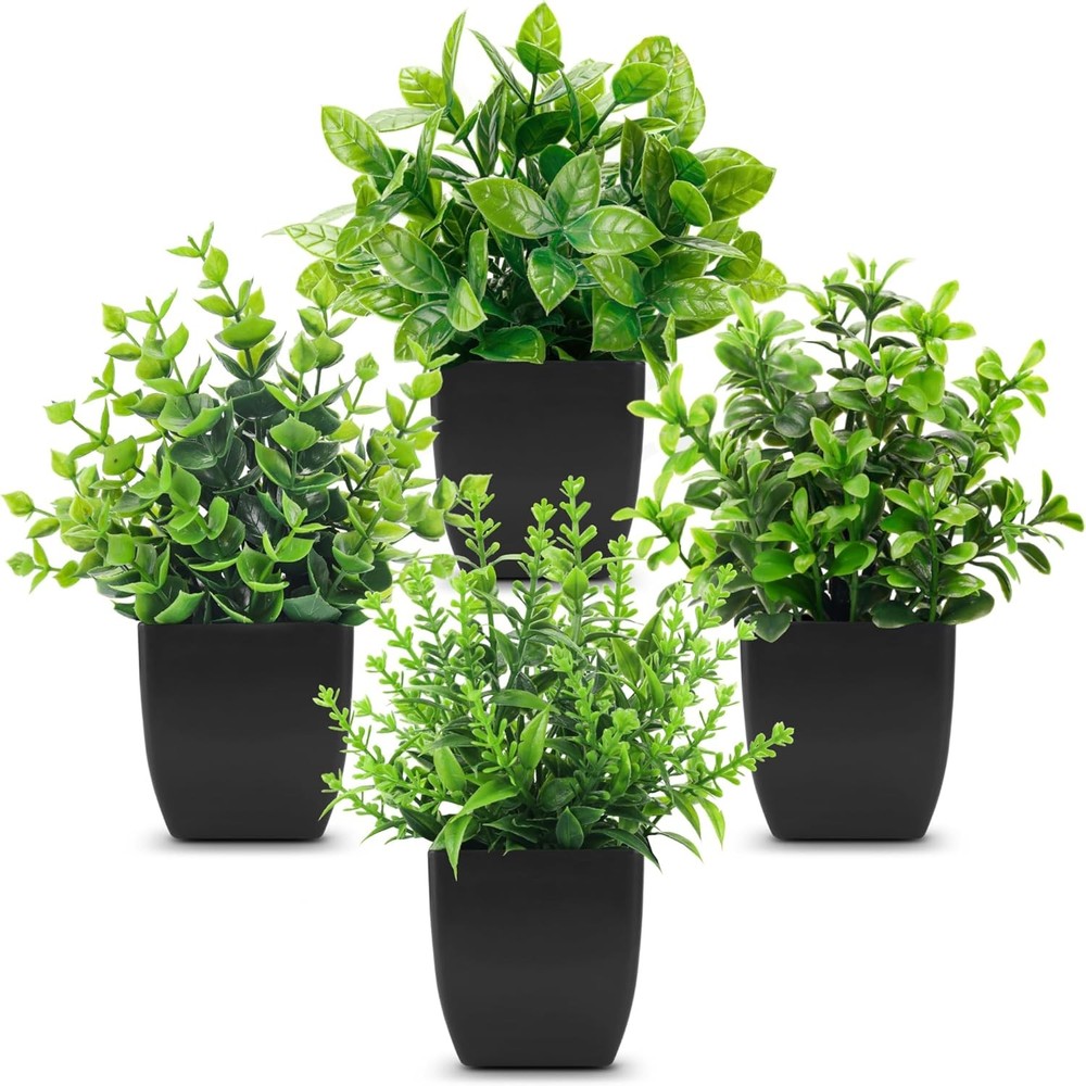 Der Rose 4 Pack Fake Plants Mini Artificial Greenery Potted for Black