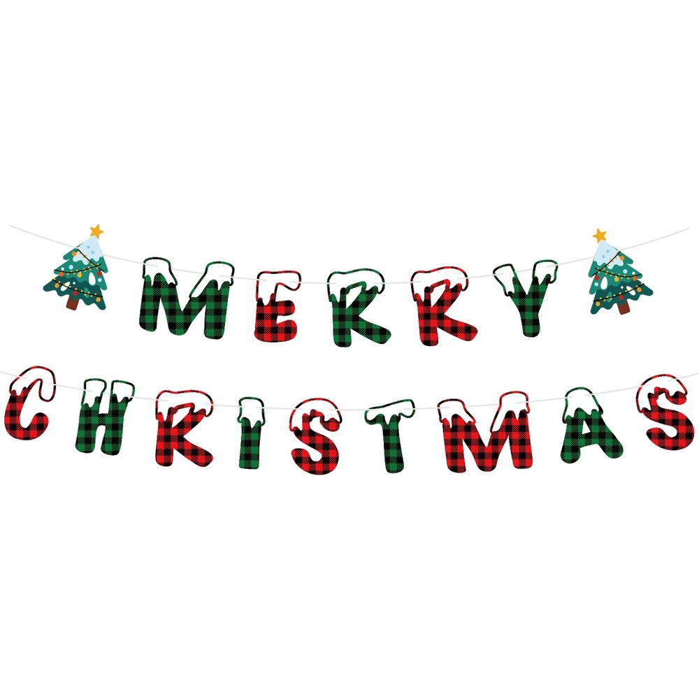 Buffalo Plaid Merry Christmas Tree Banner Garland Indoor Decorations Xmas Gift
