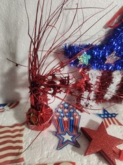 Patriotic Decorations Patriotic Bow, Tinsel Star, Tablecloth, Window Clings…..
