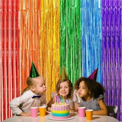 2 Pack Rainbow Foil Fringe Curtains, 3.3X6.6 Ft Metallic Tinsel Backdrop Party D
