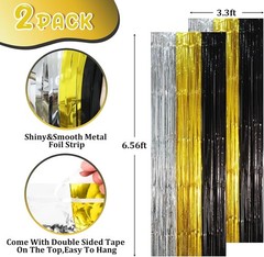 2 Pack Black Gold Silver Foil Fringe Backdrop Curtains Tinsel Streamers Party