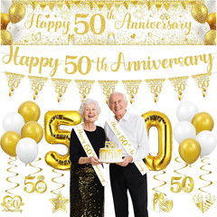 50Th Wedding Anniversary Decorations, White Gold Happy 50Th Anniversary Banner H