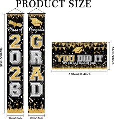 Graduation Decorations Class of 2026 Graduation Banner 3 Pieces Set Black Gold C