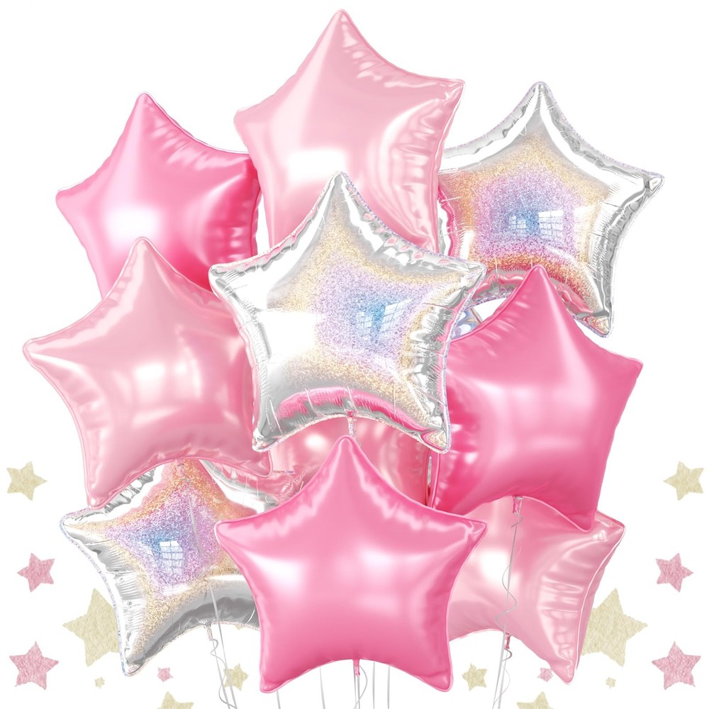 Pink and Silver Star Foil Balloons, 10PCS Pink Laser Silver Foil Stars Shape …