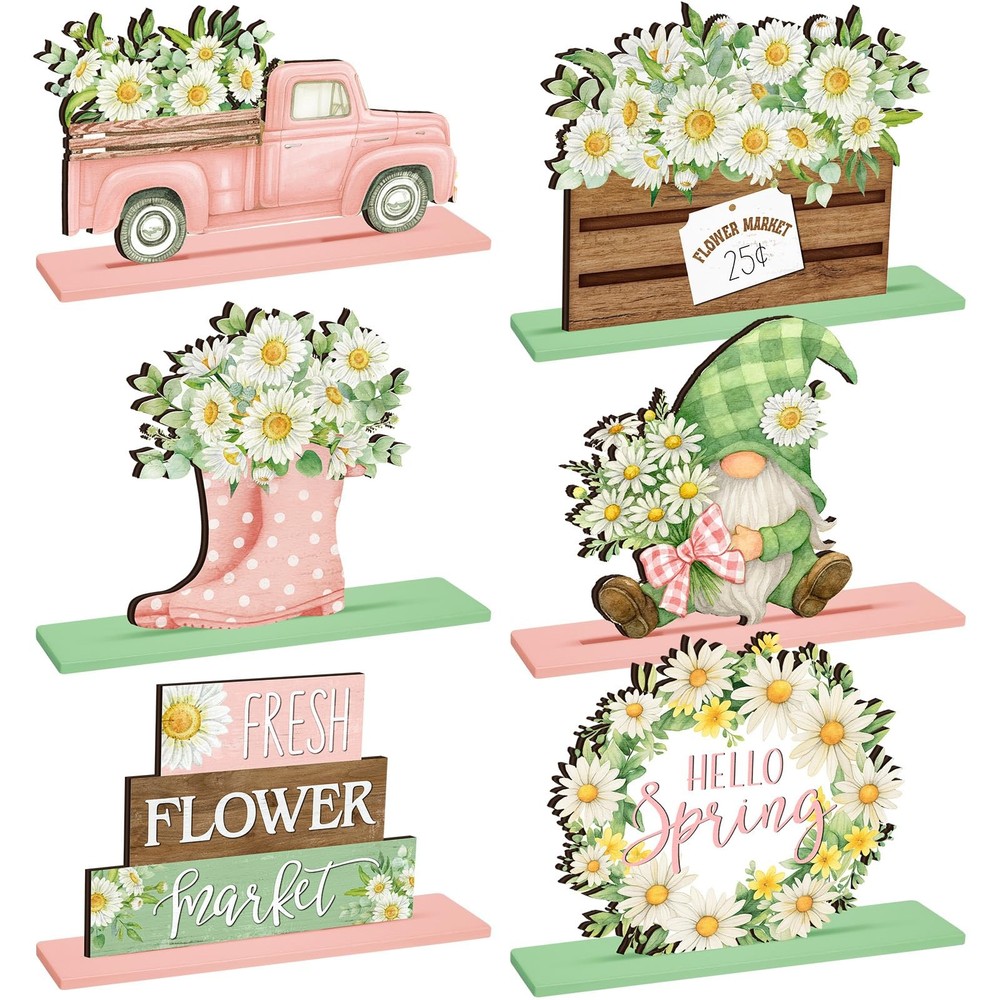 6 Pcs Spring Daisy Table Decorations Spring Table Centerpiece Tiered Tray Dec…