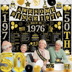 50th Birthday Party Decorations, Black Gold Backdrop, Balloons, Sash & Banners,