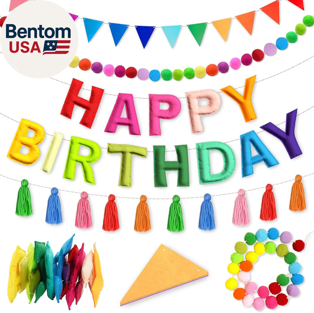 4PCS Pre-Strung Happy Birthday Banner – Felt Happy Birthday Garland, Ball Garlan