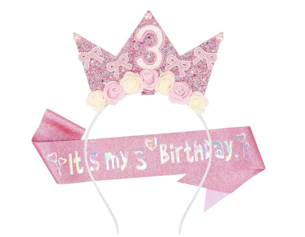 Birthday Decorations for 3 Year Old- Headband And Sash-Pink. Free Ship!