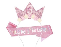 Birthday Decorations for 3 Year Old- Headband And Sash-Pink. Free Ship!