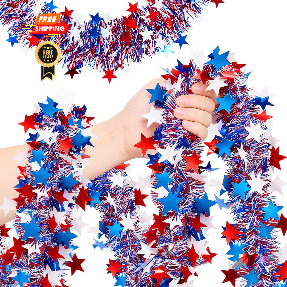 50 Ft Patriotic Glitter Tinsel Garland Decoration,4th of July Red White Blue