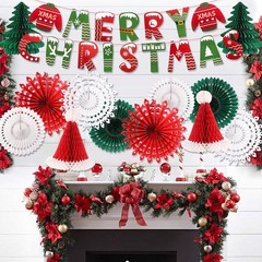 Christmas Party Decorations, Merry Christmas Banner Honeycomb Santa Hats Trees H
