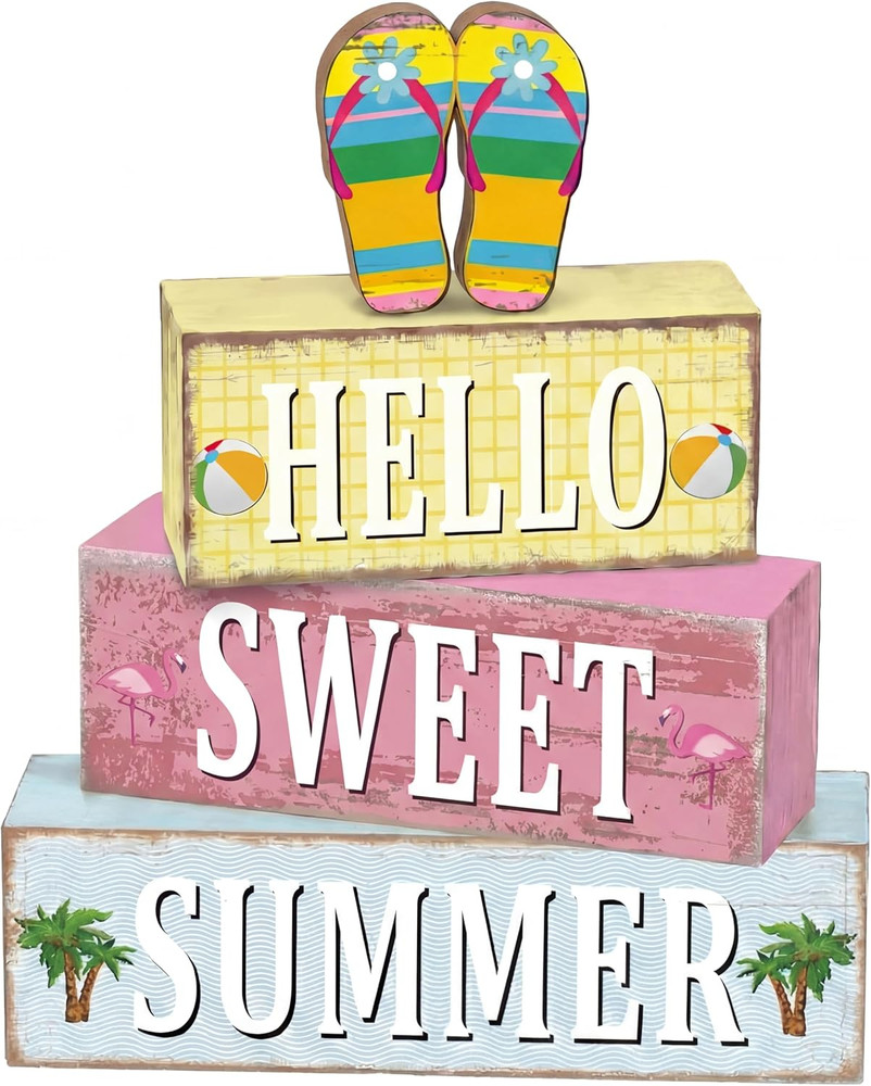 Hello Sweet Summer Decorations Flip Flop Wooden Sign Indoor Tabletop Gift 4 Pcs