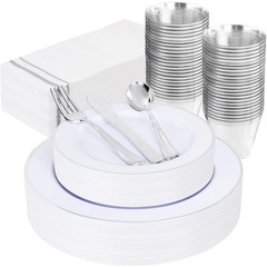 SUT 175 Piece Silver and White Plastic Dinnerware Set for 25 Guests, Disposab…