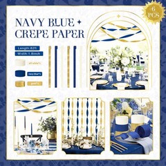 Navy Blue Party Decorations – 6 Rolls Navy Blue Gold Ivory Crepe Paper Stream…
