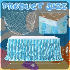 2 Pcs 6 ft Summer Ocean Tulle Ruffle Curly Table Skirt with Fish Net Set Blue…