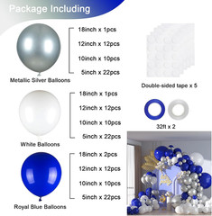 136pcs Blue White Silver Balloon Garland Kit – 18/12/10/5 Inch Royal Blue, Silve