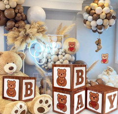 Teddy Bear Baby Shower Boxes Balloon Party Decor wood grain gender birth theme