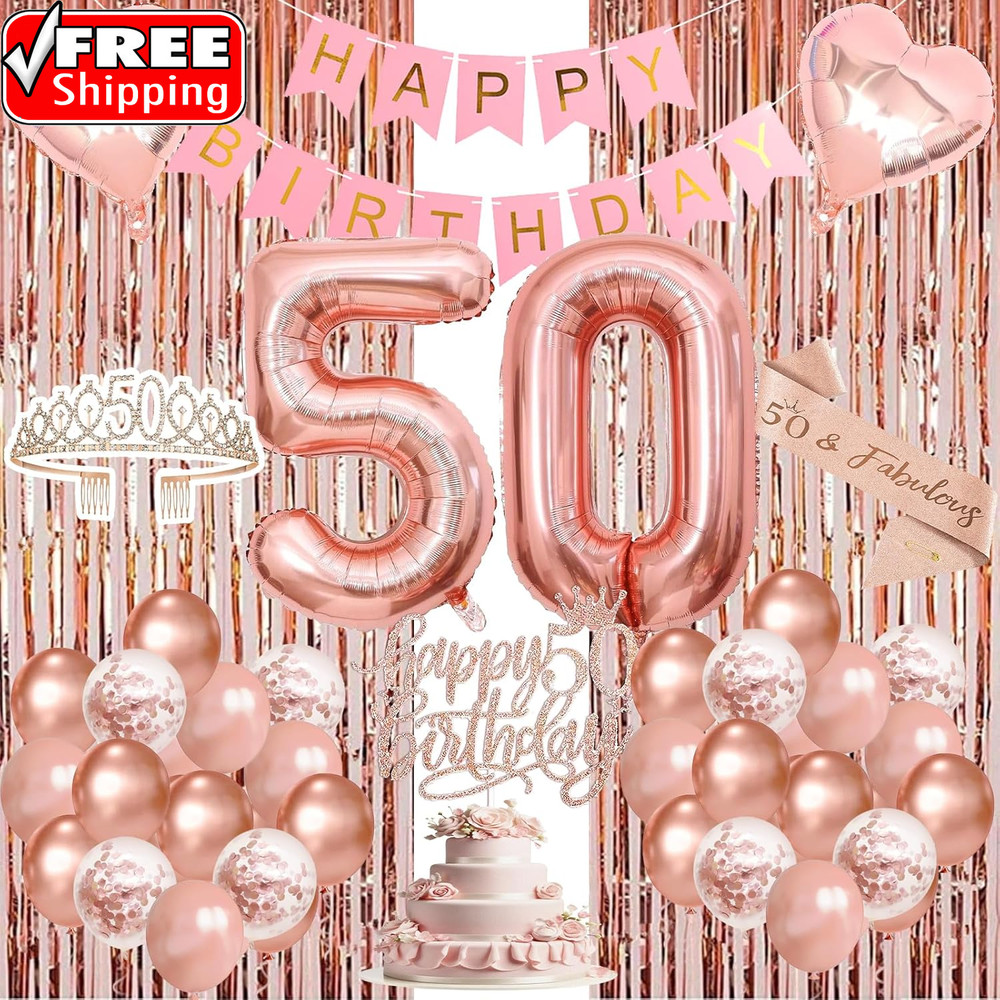 50Th Birthday Decorations for Women, 50Th Birthday Crown and Sash, Rose Gold Hap