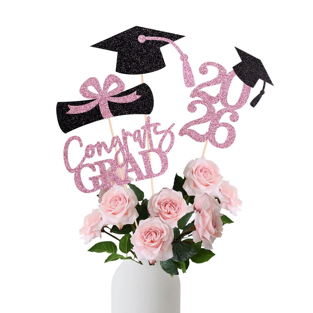 16 PCS Pink Black 2026 Graduation Centerpieces Tables Toppers Sticks Set of 4