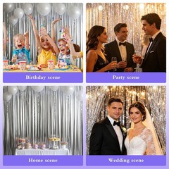 4 Pack Silver Foil Fringe Backdrop Curtains 39.4×78.8in – Metallic Tinsel Stream