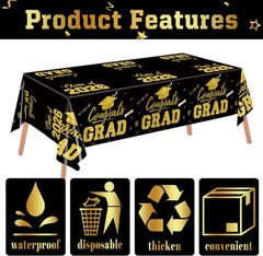 2 Pack Graduation Tablecloths Black Gold Class of 2026 Disposable Party Decor