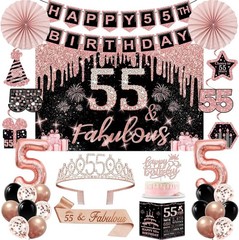 Black Rose Gold 55th Birthday Party Decorations 32PCS Cake Topper Balloons Sash