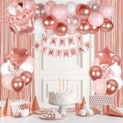 Rose Gold Birthday Decorations White Pink Balloons Banner Fringe Curtain Women
