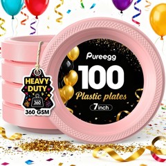 Pureegg Heavy Duty Pink Plastic Plates, 100-Count, 7 Inch Disposable Plates -…
