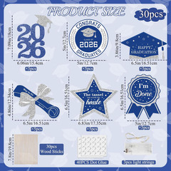 Graduation Decorations for Class of 2026-30Pcs Glitter Blue Silver Graduation Ta