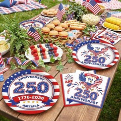 4th of July Decorations, USA 250th Anniversary Disposable Paper Plates and Napk,