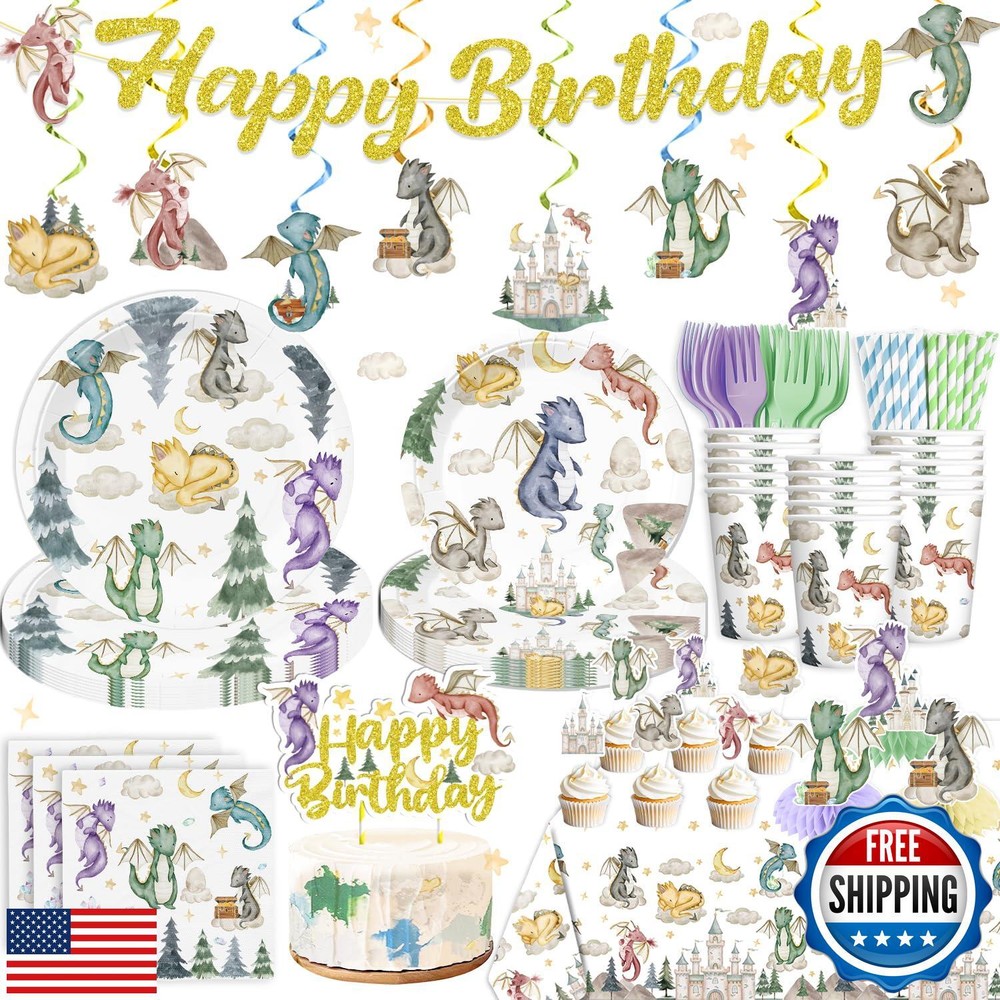 185Pcs Dragon Birthday Party Decorations Tableware Set, Dragon Party Supplies