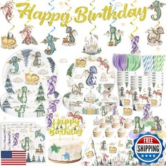 185Pcs Dragon Birthday Party Decorations Tableware Set, Dragon Party Supplies
