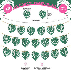 Pre-Strung Tropical Palm Leaf Garland 18FT – NO DIY 20PCS Monstera Leaf Banner f