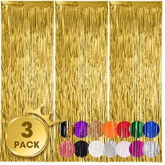 3 Pack 3.3×8.2 Feet Gold Foil Fringe Backdrop Curtains, Tinsel 05 Gold