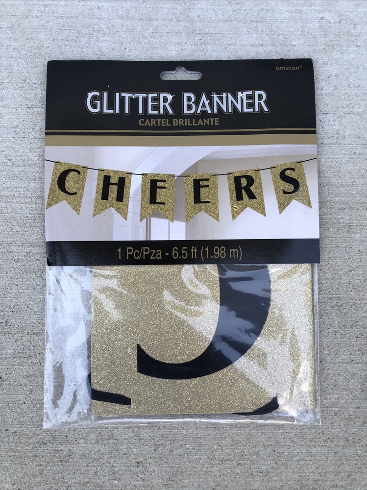 NEW YEAR’S ‘Black Gold Silver» GLITTER BANNER . CHEERS. 6.5 Ft.